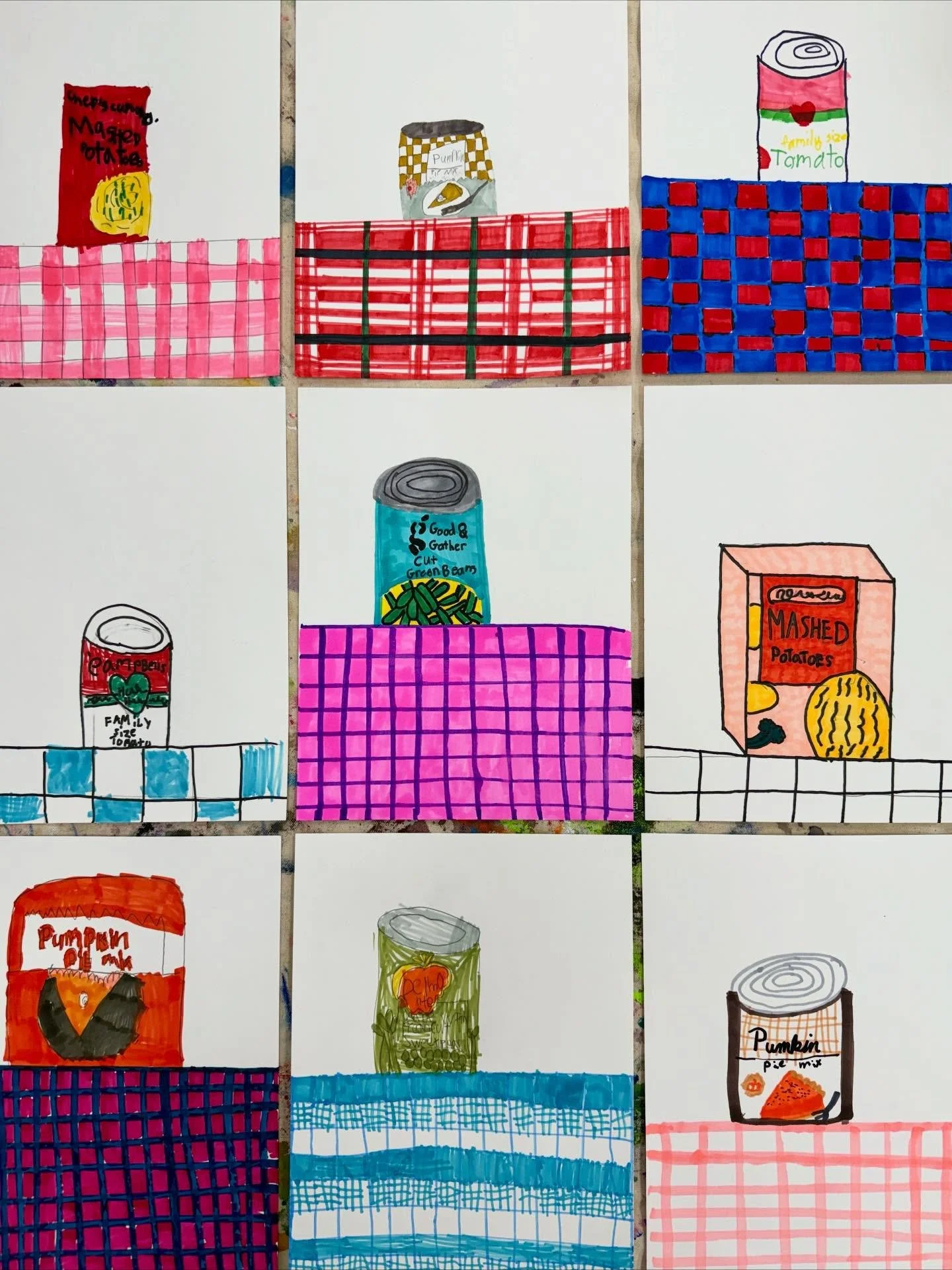 Thanksgiving still life drawings featuring checkered tablecloths and canned goods 🥰