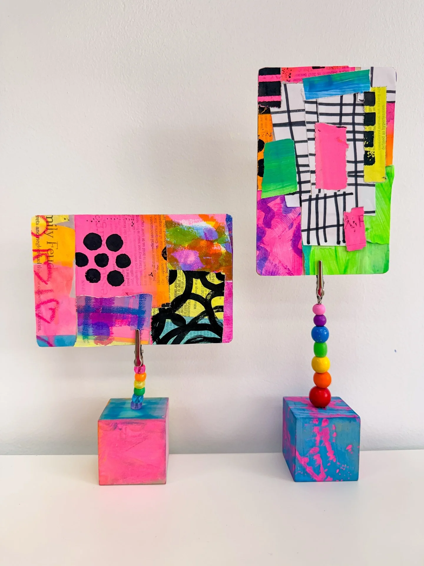 Collage blocks. All of my favorite things combined into a project! Painting, pattern making, collaging, beading, and repurposing wood blocks from a printmaking project a few months ago! 🌈