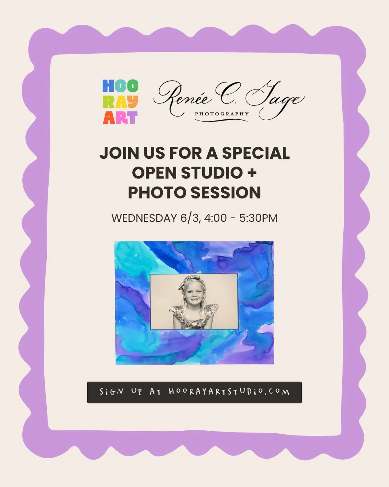 Join us for a very special Open Studio session with @reneecgagephoto! Ren&eacute;e will be onsite at Hooray Art offering quick mini photo sessions designed to capture each child&rsquo;s playful personality. After their photo session, children will pa
