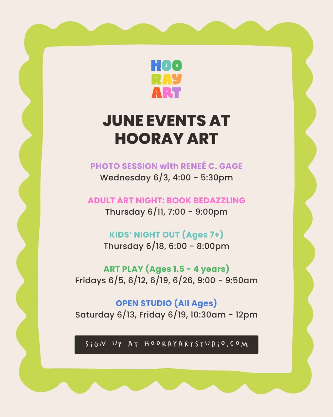 June events at Hooray Art! Come make something with us 🥰
