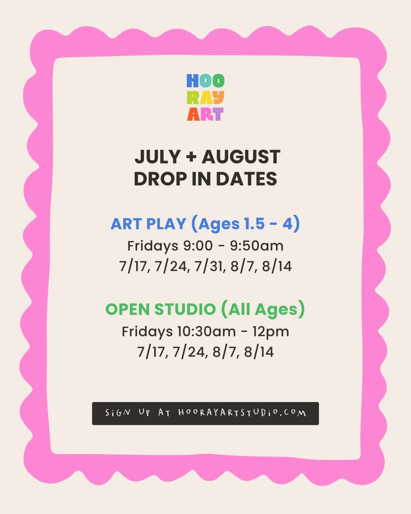 Summer drop in dates for the remainder of July + August are up in the website and open for sign ups!

Art Play
Ages 1.5 - 4
Fridays 9-9:50am
Dates: 7/17, 7/24, 7/31, 8/7, 8/14

Open Studio
All Ages
Fridays 10:30-12pm
Dates: 7/17, 7/24, 8/7, 8/14