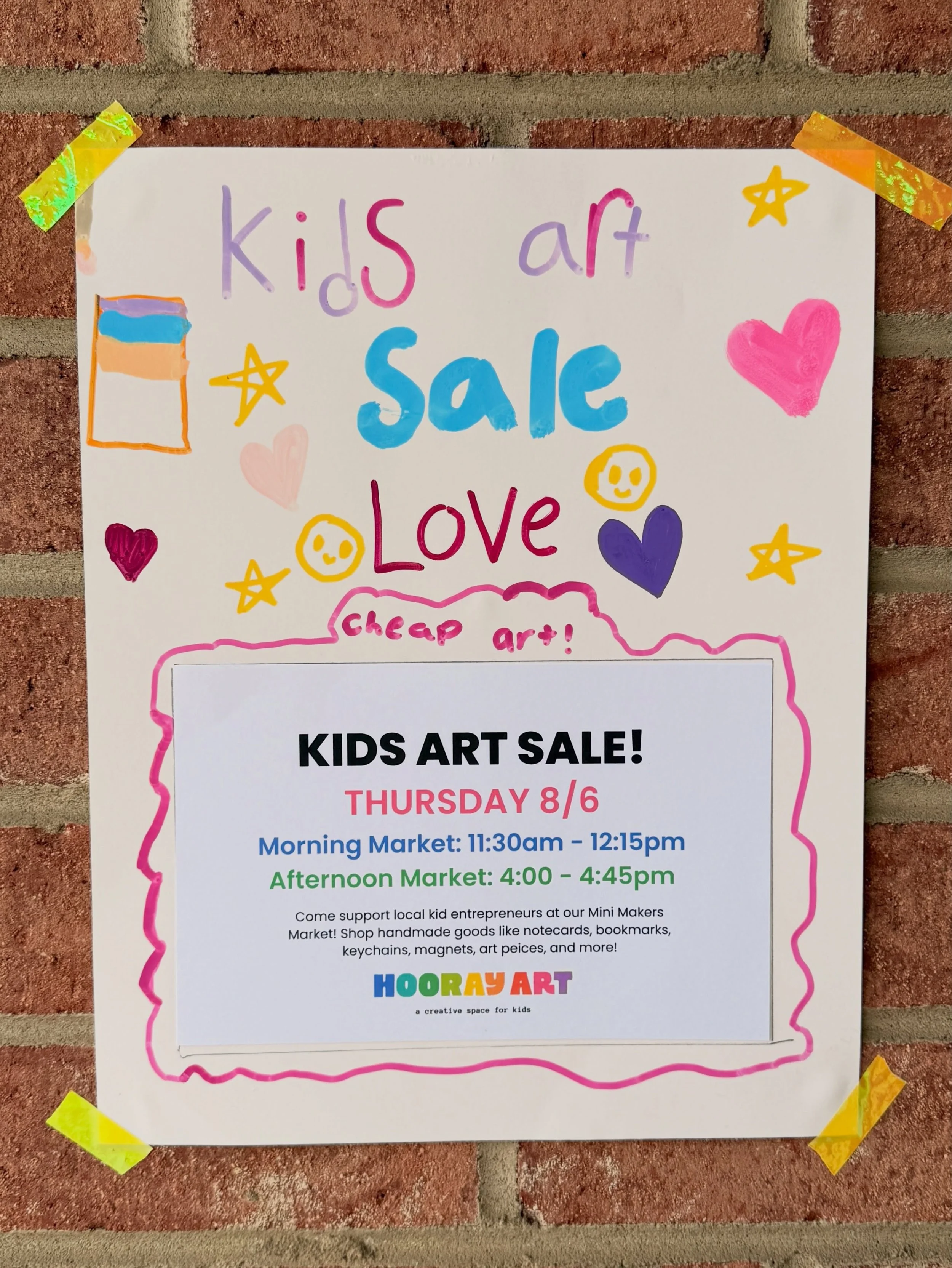 Friends and Neighbors! Come support some amazing kid entrepreneurs by shopping our Kids Art Sale this Thursday! Kids have been working hard all week at art camp making beautiful handmade goods to sell. Notecards, bookmarks, fidget spinners, sun-catch