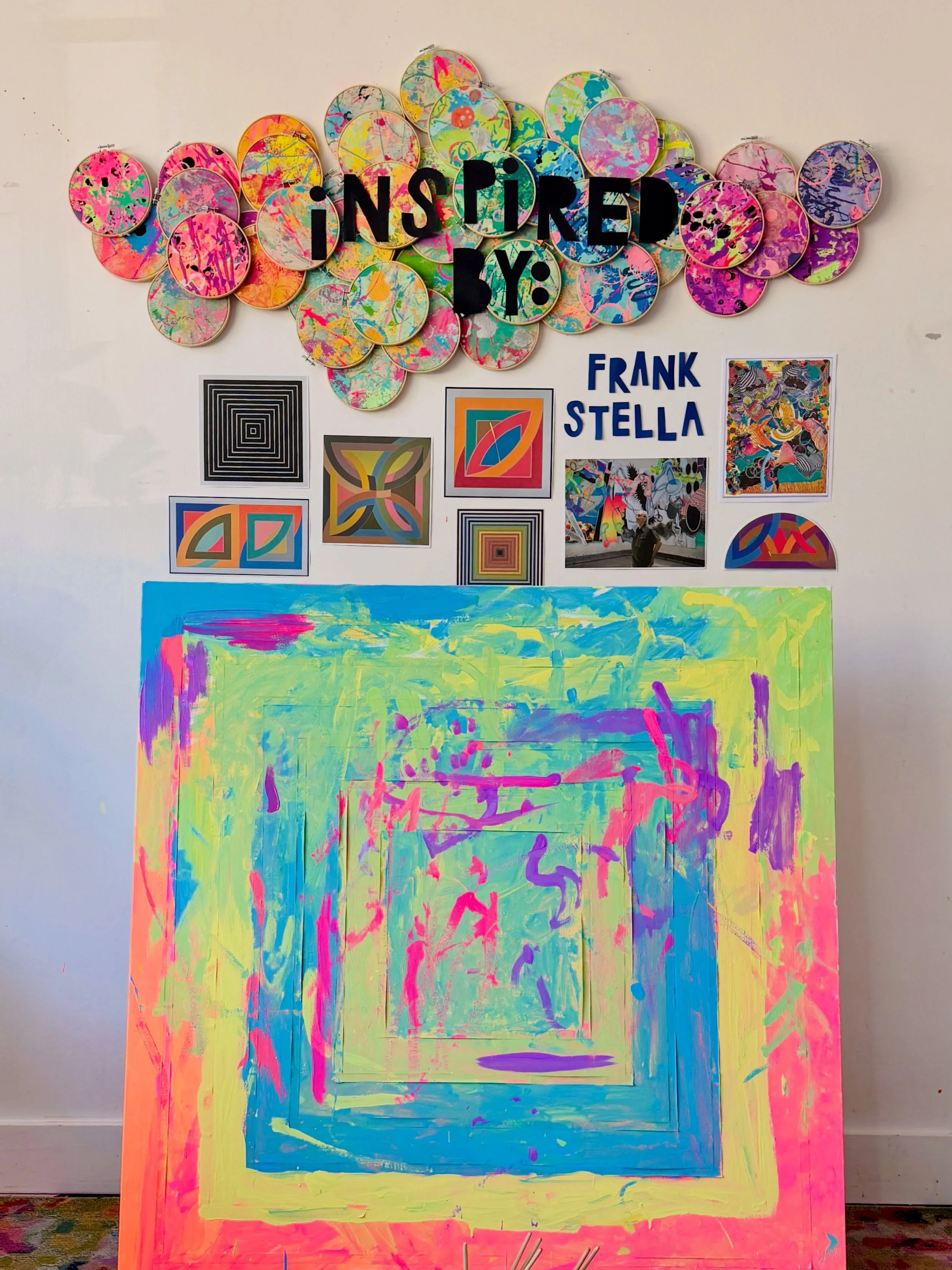 Still catching up on posting past weeks from our fall session! Week 6 was inspired by the shapes and colors of artist Frank Stella. Featuring a collaborative concentric squares canvas, monochromatic sensory stations, tape resist paintings, and lots o