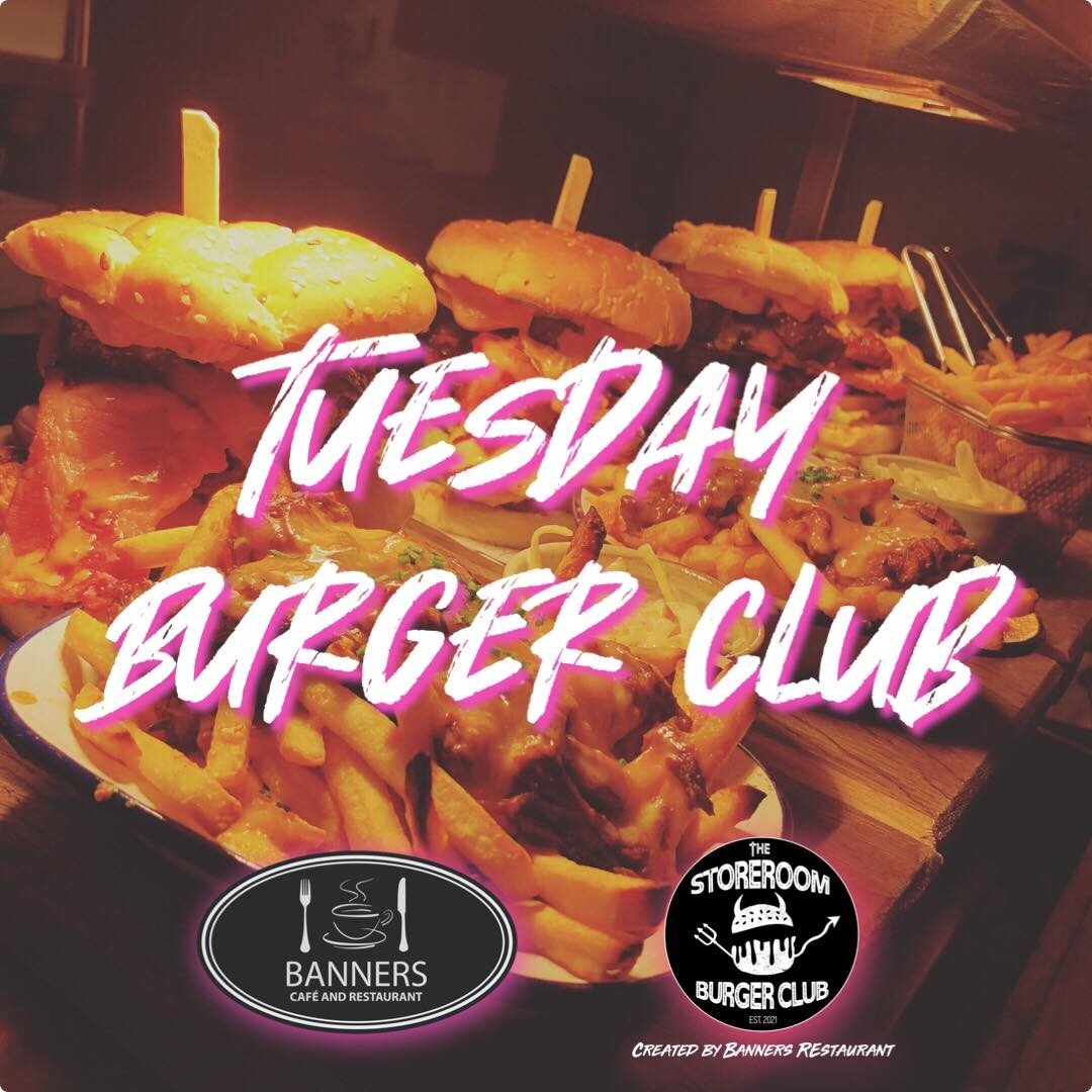 🍔 TUESDAY BURGER CLUB 🍔 
.
Every Tuesday in the restaurant we collab with The Storeroom to offer 2 for &pound;18 all night on all their Burgers including fries + house purple slaw. 
.
Full Menu Also Available
.
📲 Book a table: www.cafeandrestauran