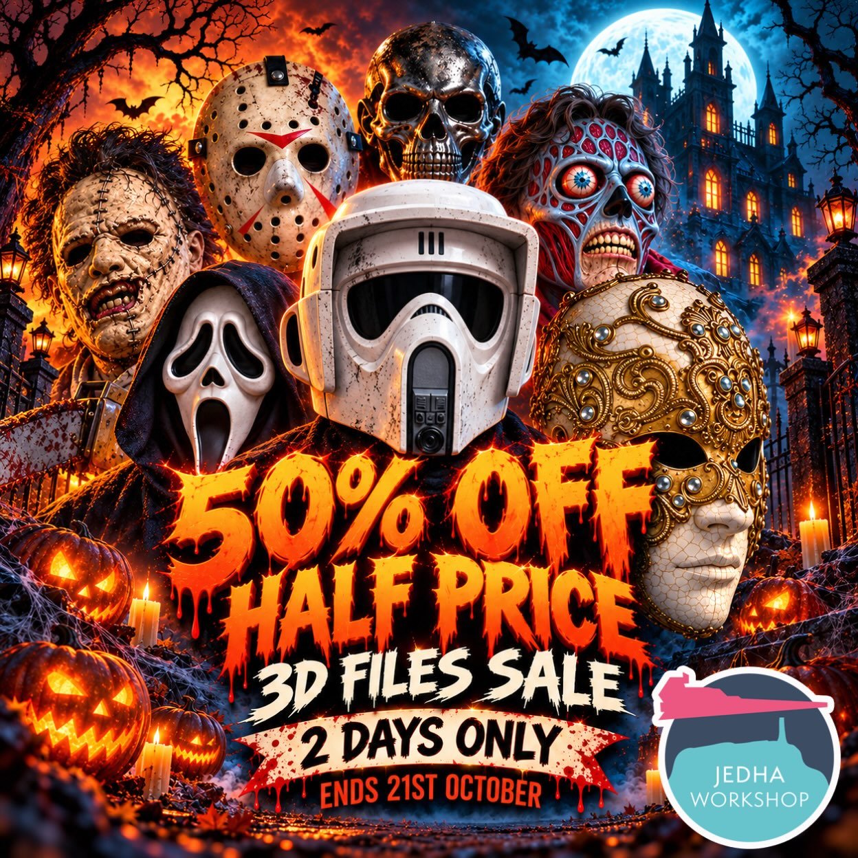 Halloween Sale! 🎃👻💀

50% OFF ALL 3D FILES 🎃

TWO DAYS ONLY 🎃

ENDS MIDNIGHT 21st OCTOBER 🎃

STARTS NOW 🎃

USE CODE: &lsquo; OCCULT50&rsquo;  at checkout. 🎃

SHOP: www.Jedhaworkshop.co.uk

Happy Halloween! 🤘🏼🎃🤘🏼🎃🤘🏼🎃

Ash x

#halloween