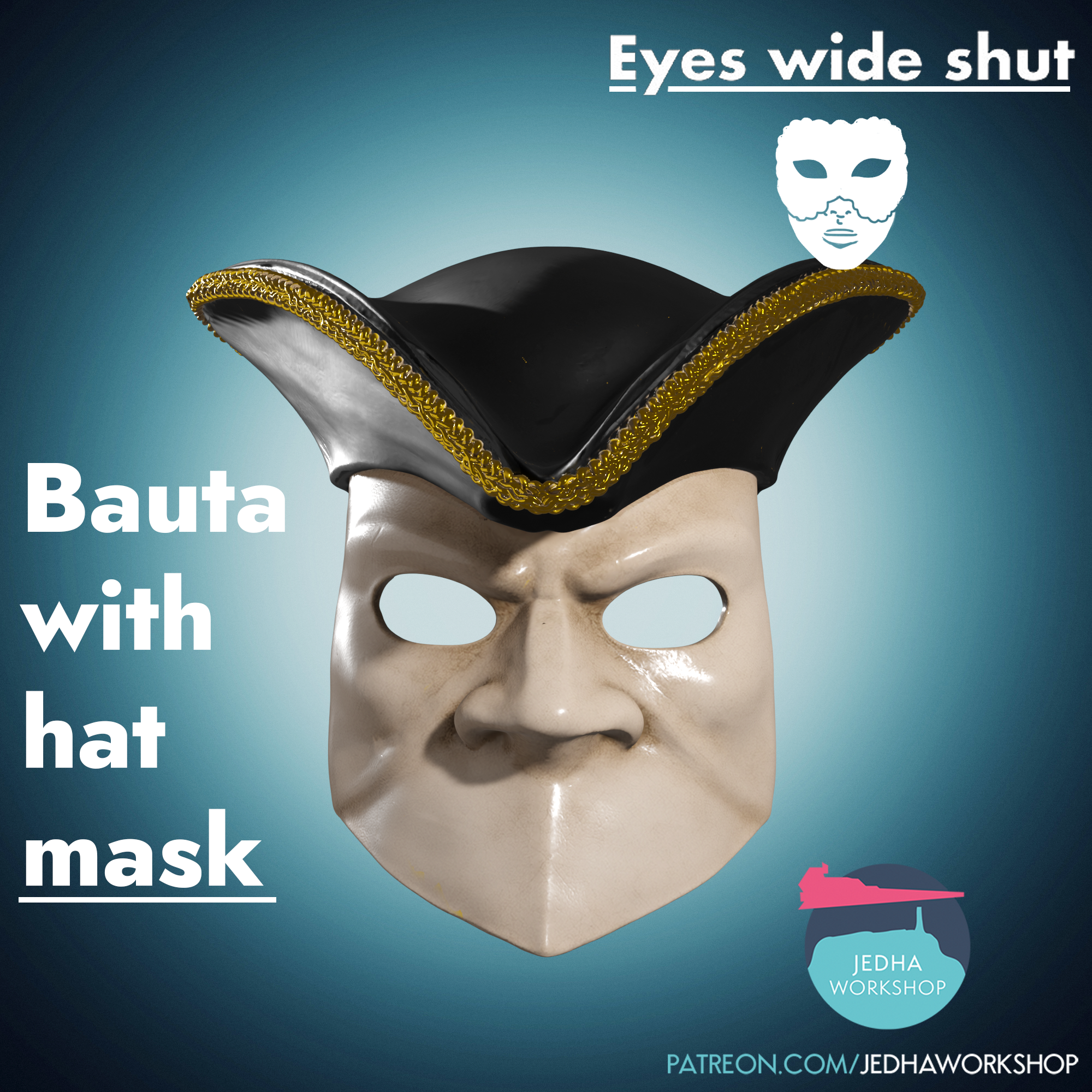 Bauta With Hat Venetian Mask 3D Print Files (Eyes Wide Shut)