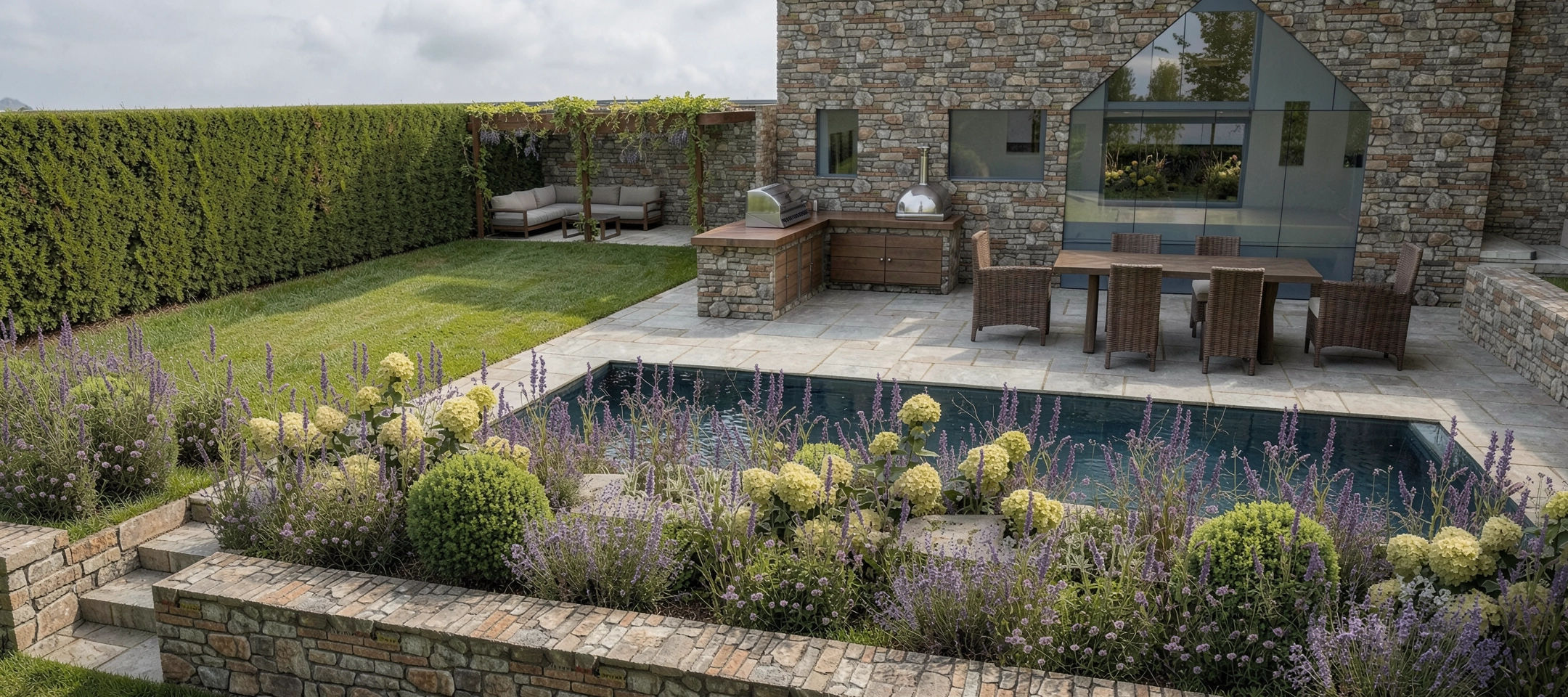 3D render of a garden design project in Chew Magna, featuring vast planting, swimming pool, outdoor kitchen and space for entertaining