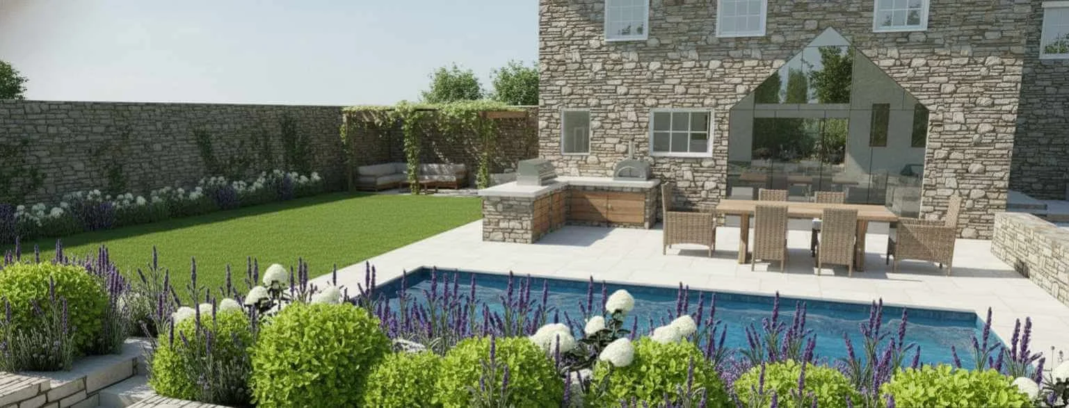 Garden design of back garden with swimming pool