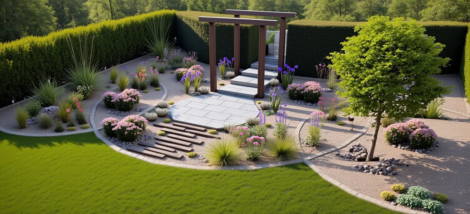 A 3D render and visualisation of a newly designed gravel garden with sun loving planting and limestone cobble circular design and stepping stone pathway.