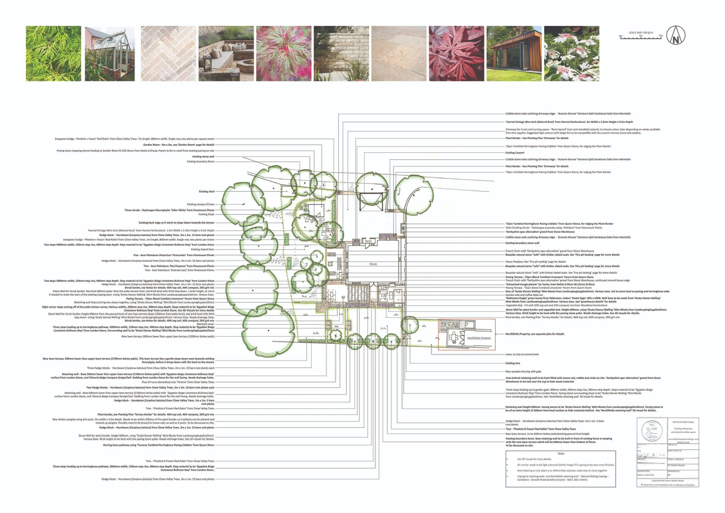 A detailed landscape design plan showing various trees, shrubs, and garden features with labels and measurements.