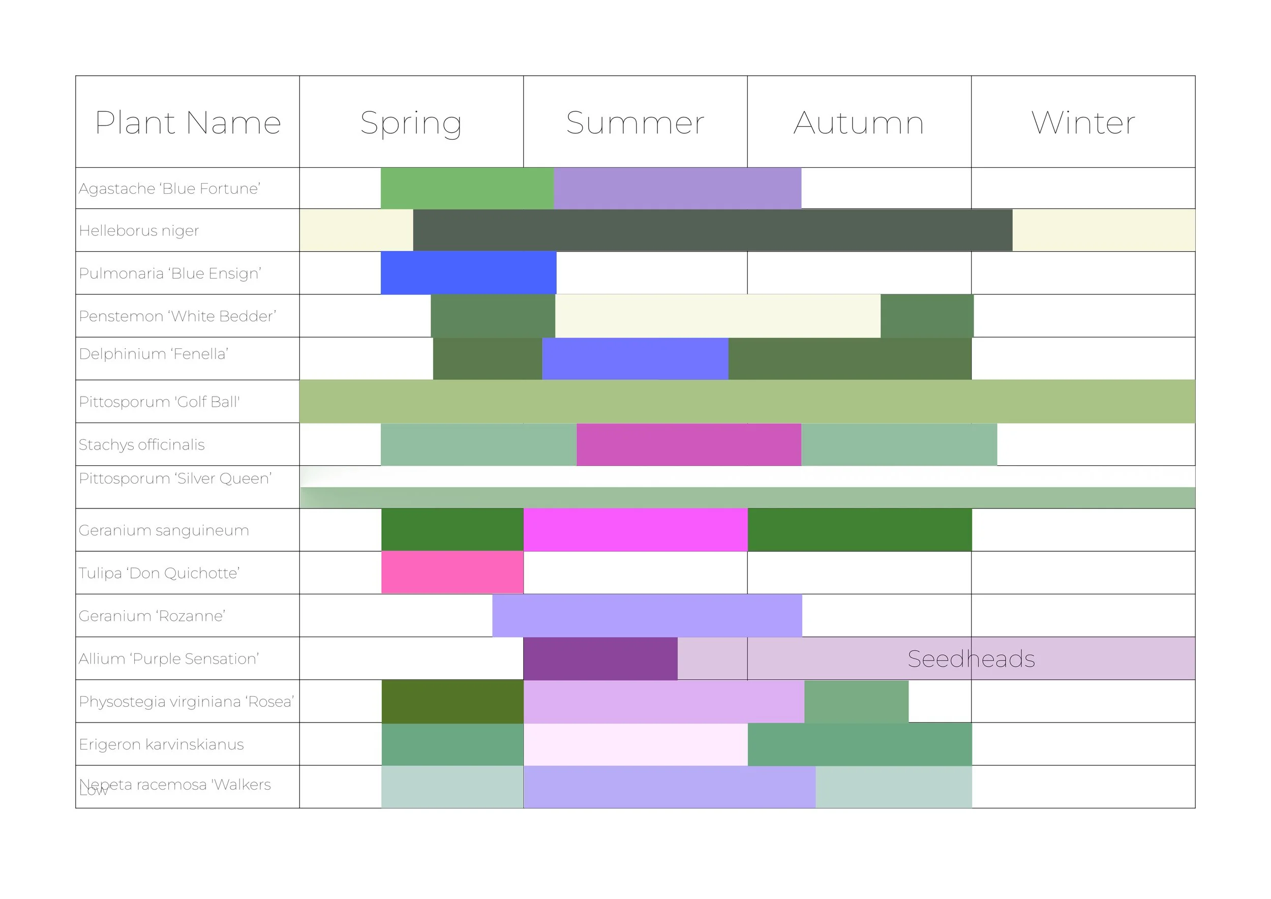 Seasonality Chart - A chart of when plants are in flower or are of interest throughout the  seasons