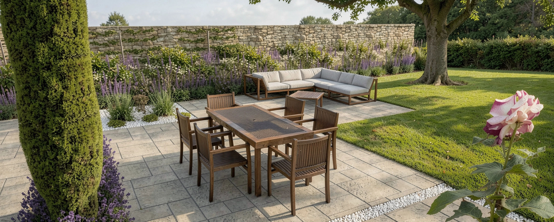 Outdoor patio with wooden dining table and chairs, cushioned sectional sofa, surrounded by lush greenery, flowering plants, a large tree, and a stone wall in the background.