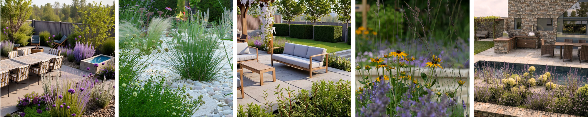 A collage of outdoor garden scenes with patios, flowers, and landscaping.