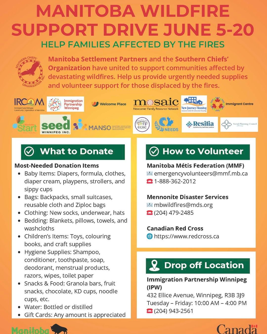 In Winnipeg? Manitoba Settlement Partners and the Southern Chiefs&rsquo; Organization have united to support communities affected by devastating wildfires. Help provide urgently needed supplies and volunteer support for those displaced by the fires.
