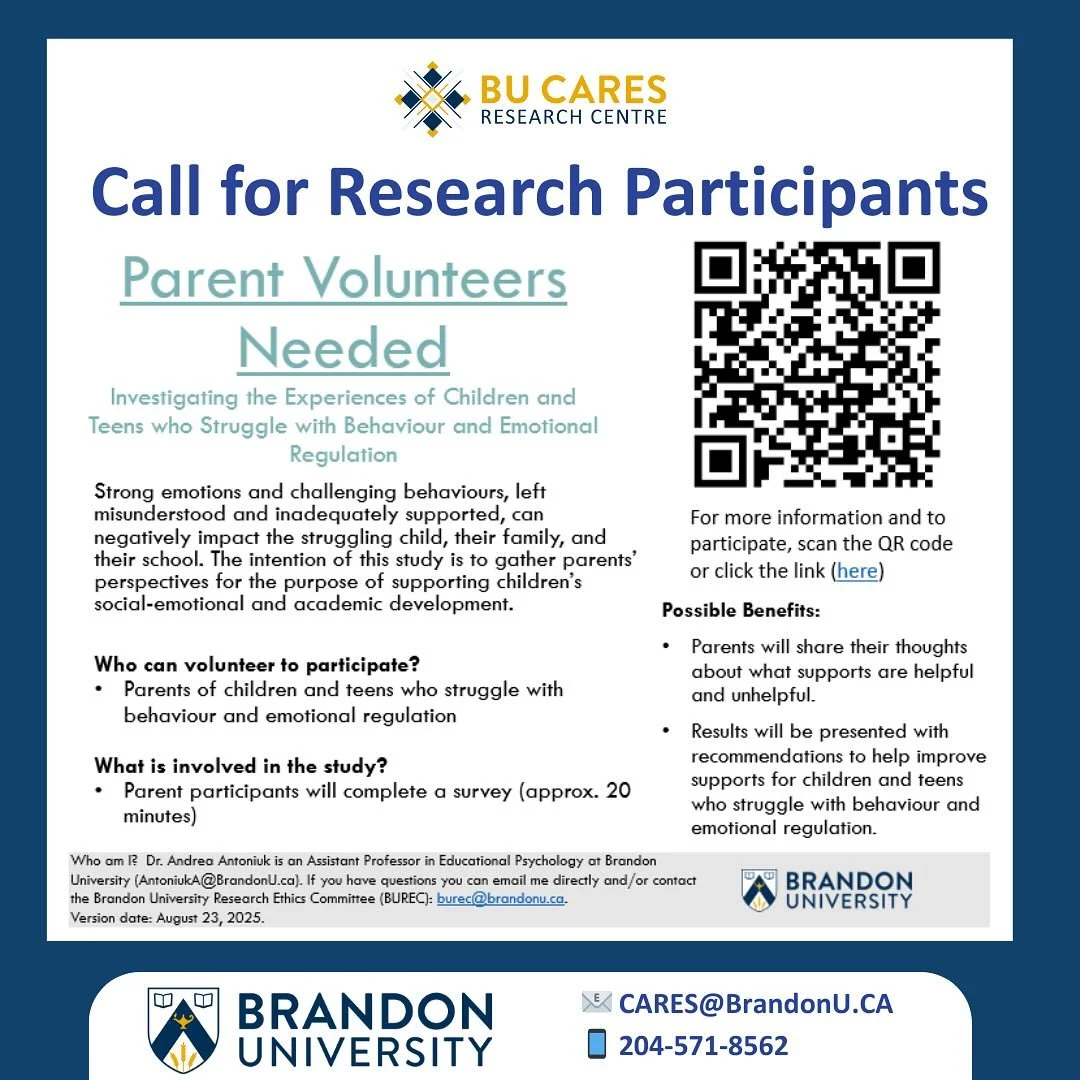 Dr Andrea Antoniuk (Educational Psychology and Student Services Department) is looking for research participants. 

Behaviour and emotional regulation is key develop the right support not only at schools but also in our communities. Reach out to Dr. 