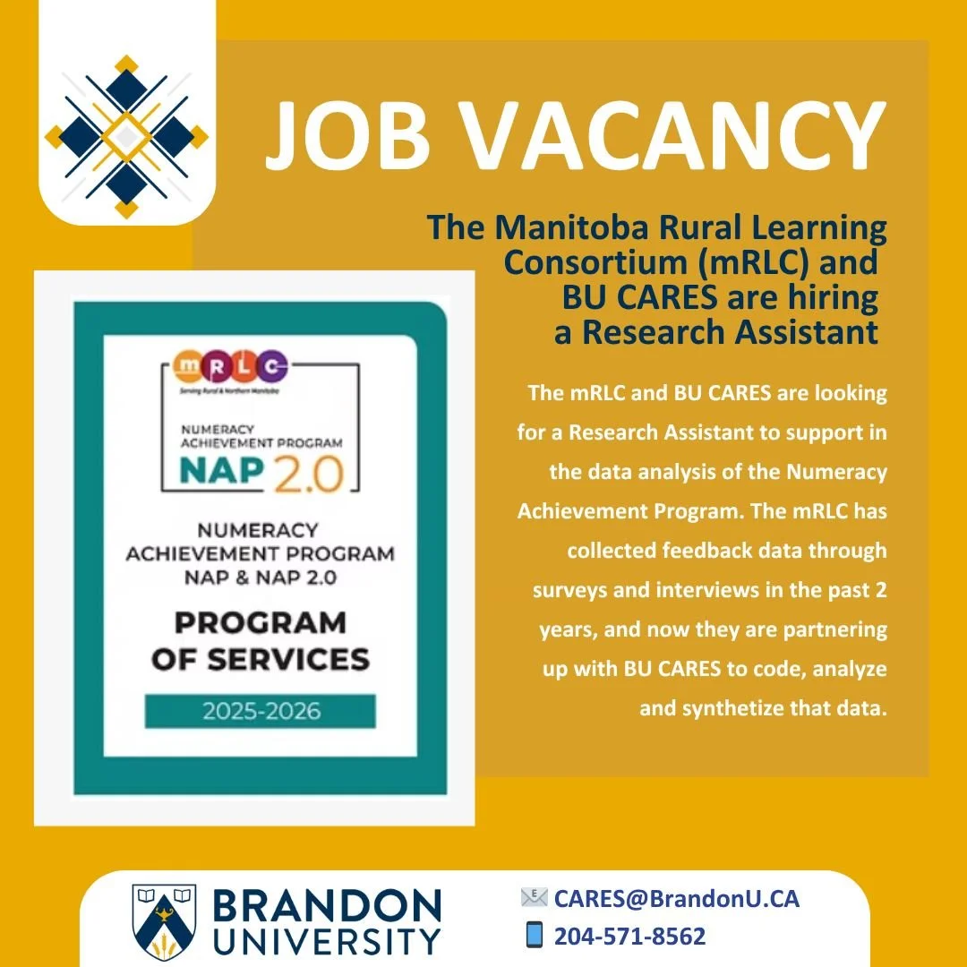 The Manitoba Rural Learning Consortium (mRLC) and BU CARES are looking for a Research Assistant!! If you have any questions, reach out to Dr. Gustavo Moura at mourag@brandonu.ca.

Deadline for application is NOVEMBER 5th!!