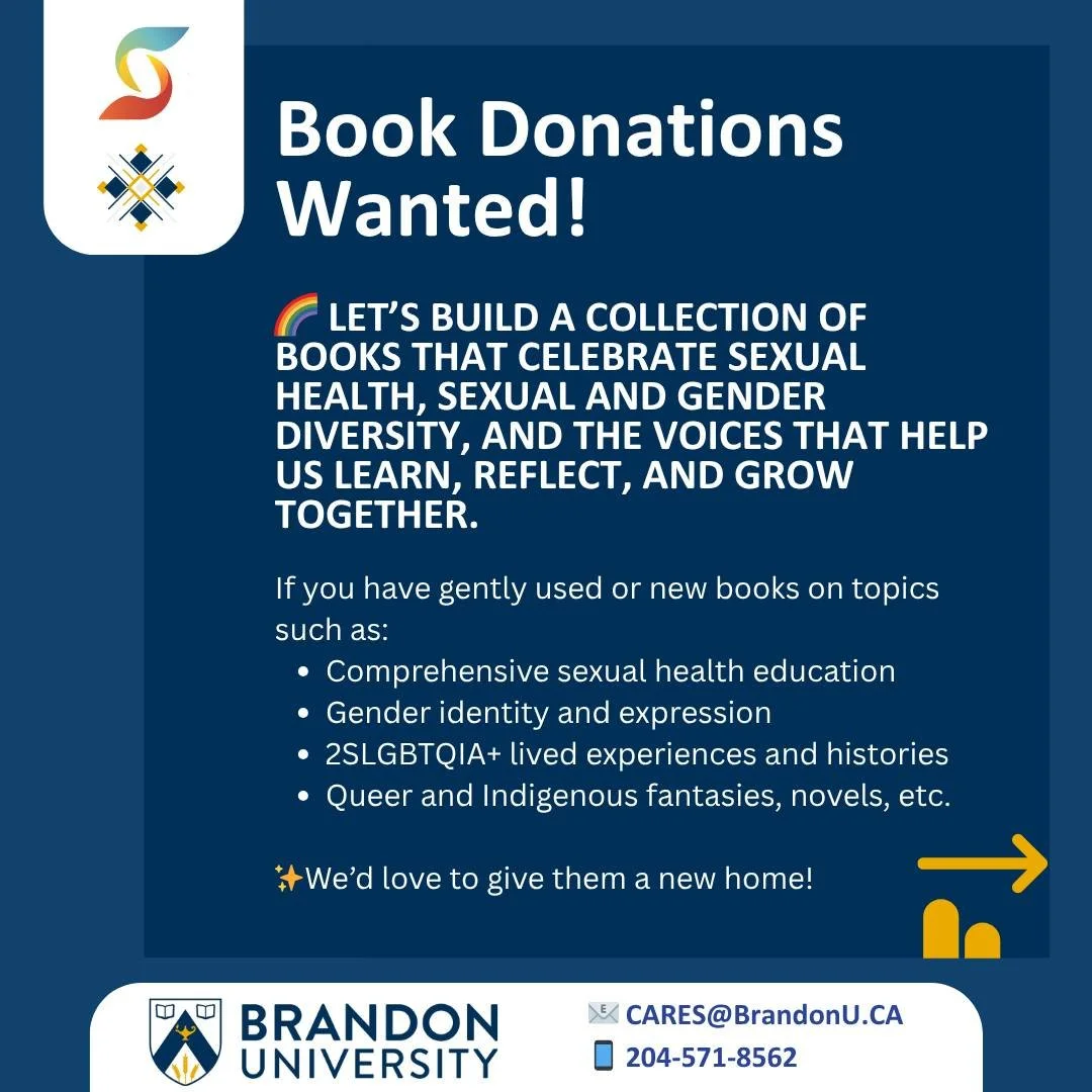 Let's come together as a community! Book donations for @serc_mb (Brandon)

@bucaresresearch and Jessica Laxdal (Sexual Violence Education and Prevention Coordinator) are collecting books with stories that celebrate diversity. 

Drop off your donation