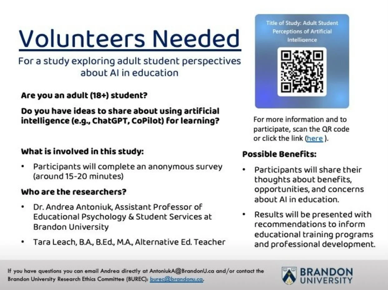 Are you an adult (18+) student? Do you have ideas to share about using artificial intelligence (e.g., ChatGPT, CoPilot) for learning?

Andrea Antoniuk (assistant professor of educational psychology at Brandon University) and Tara Leach (alternative e