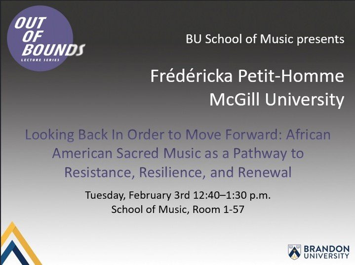 The School of Music is hosting a gospel music residency Feb 2-6 and one of the facilitators is giving a talk on her PhD research. 

Join us on February 3rd from 12:40pm-1:30pm @ Room 1-57 in the School f Music. Let's welcome Fr&eacute;d&eacute;ricka 