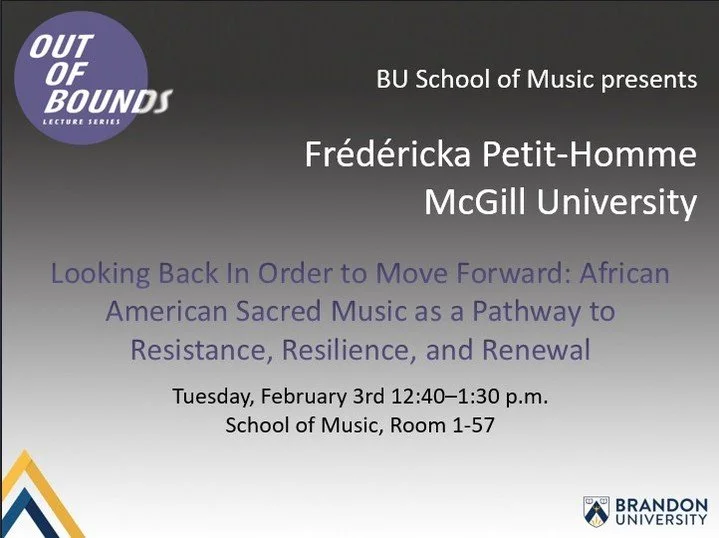 The School of Music is hosting a gospel music residency Feb 2-6 and one of the facilitators is giving a talk on her PhD research. 

Join us on February 3rd from 12:40pm-1:30pm @ Room 1-57 in the School f Music. Let's welcome Fr&eacute;d&eacute;ricka 