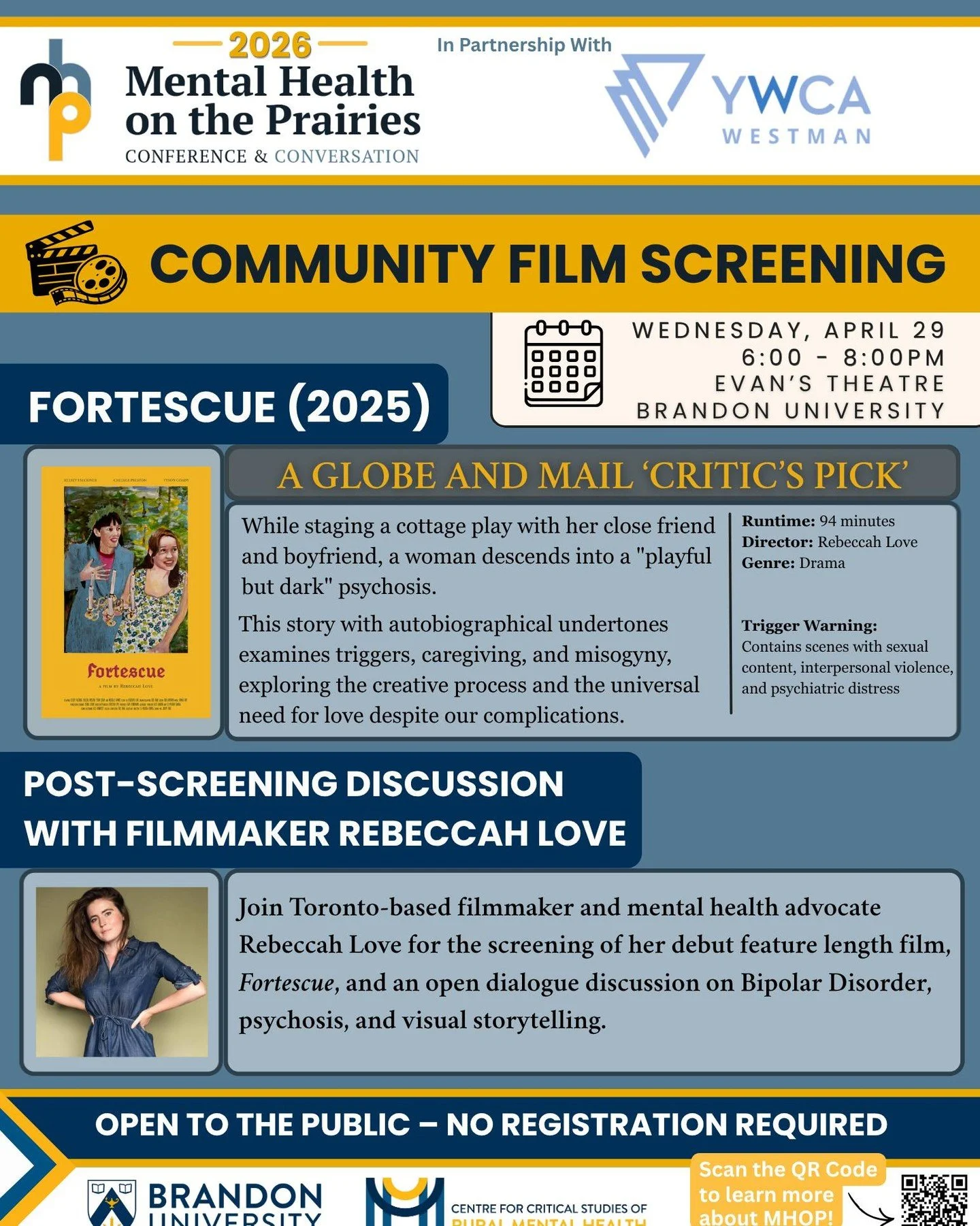 Join the Centre for Critical Studies of Rural Mental Health at Brandon University for the: 

🧠 Mental Health on the Prairies &ndash; Conference &amp; Conversation
📅 April 29th through May 1st, 2026

🗒️ 3 Additional Community Events are Open to the