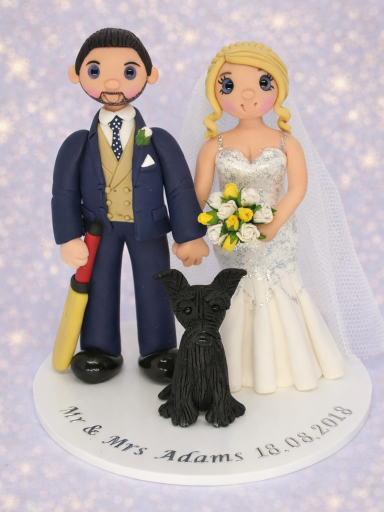 Cricket themed bride and groom wedding cake topper with Scottish terrier dog 