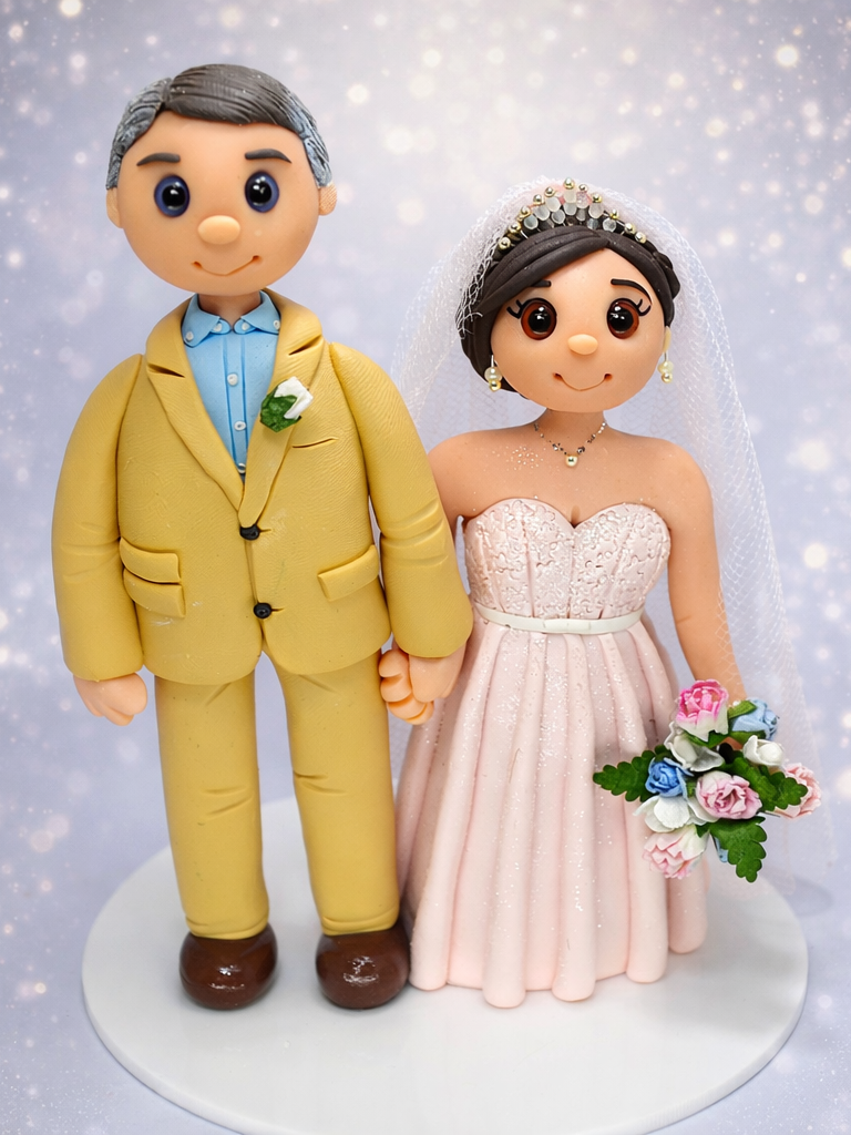 Standing couple wedding cake topper with bride in a pink dress.