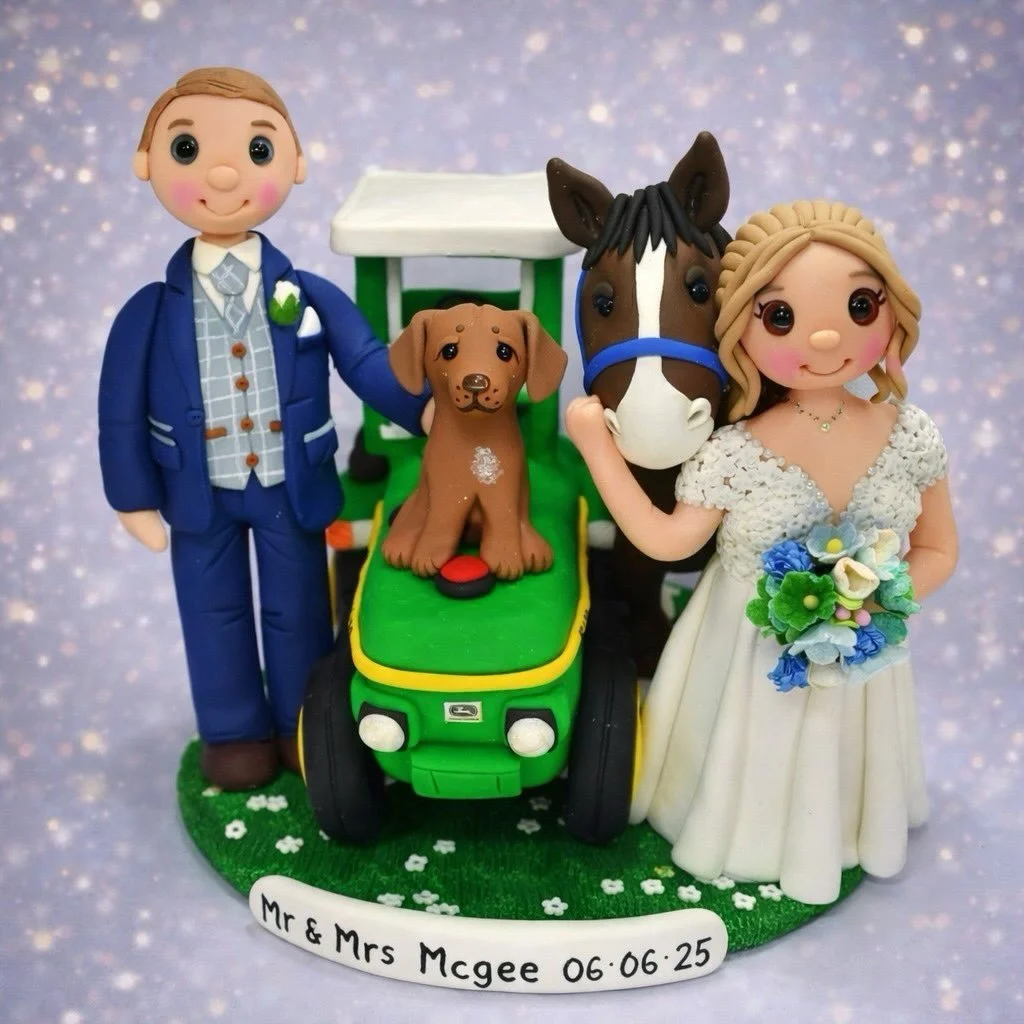 Are you engaged and planning your wedding?
I can create your personalised wedding cake topper.
Handmake in the UK
I match your outfits, hairstyles etc, add your pets and family members, unique details.
My wedding cake toppers are non edible and made 