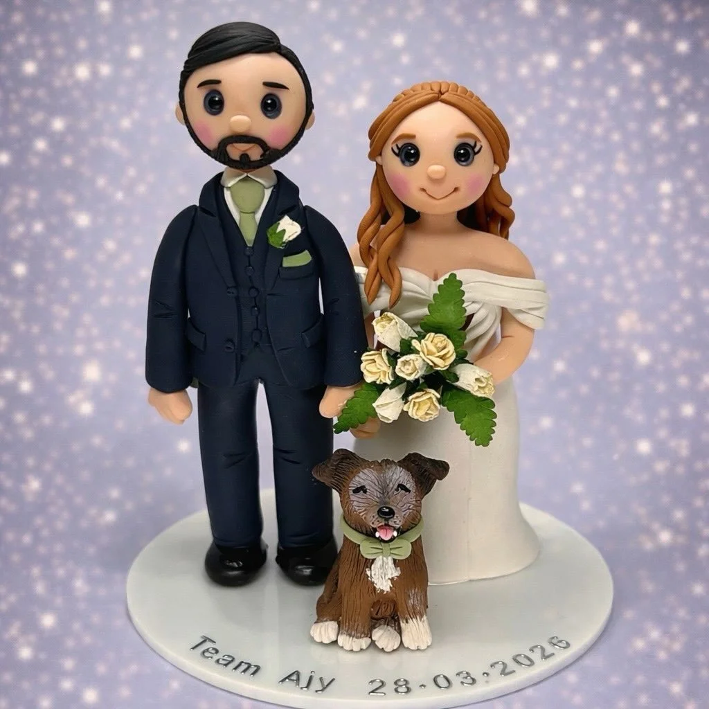 Congratulations to team Aja, they wanted their lovely little dog included with their personalised wedding cake topper, he is blind in both eyes ❤️
#weddingcaketopper
