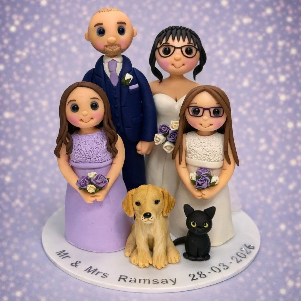 Congratulations to Mr &amp; Mrs Ramsay
they wanted their personalised wedding cake topper to include their children and pets ❤️
#weddingcaketopper
#bridetobe
