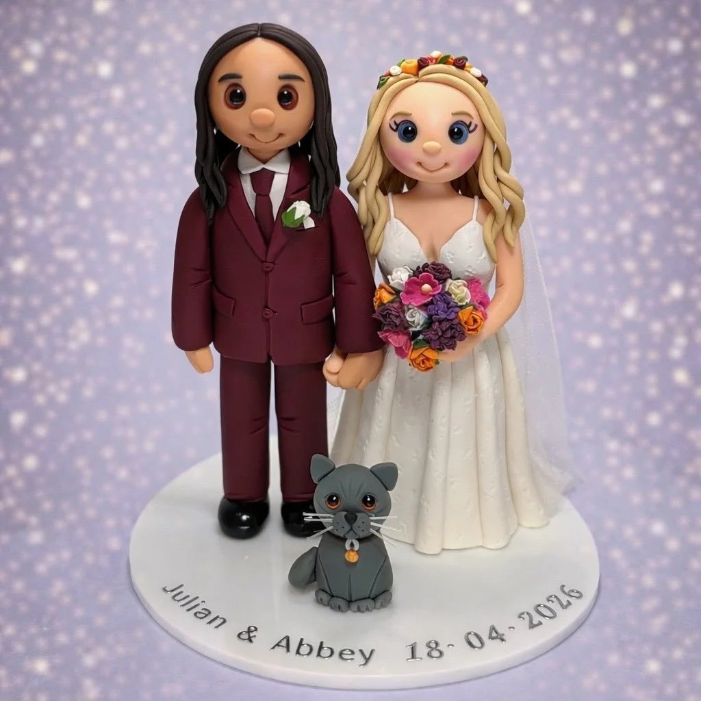 Congratulations to Julian and Abbey !
here is the personalised wedding cake topper that i made for them.
all my toppers are hand made from scratch , they are made for polymer clay, non perishable keepsakes for you the treasure &hearts;&hearts;
Messag