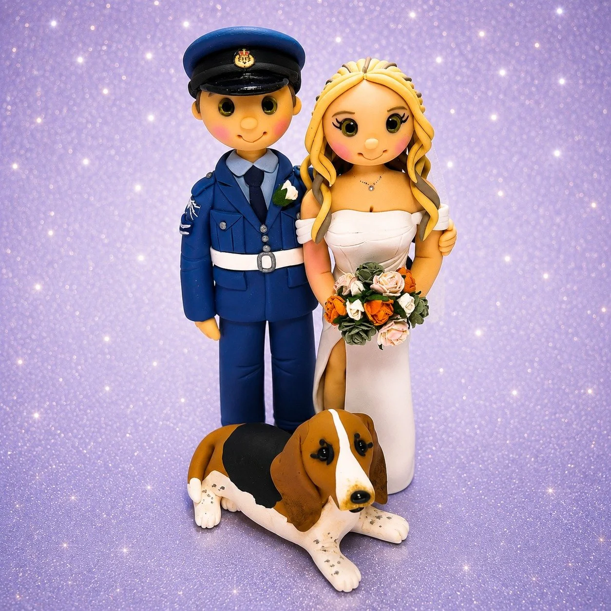 Congratulations to Harry and  Ebony who got married yesterday &hearts; 💍👰&zwj;♂️👰&zwj;♀️ i made this personalised wedding cake topper for them, with Harry in his Royal air force uniform, the bride in her beautiful dress and their dog 🐕 
 #bridean