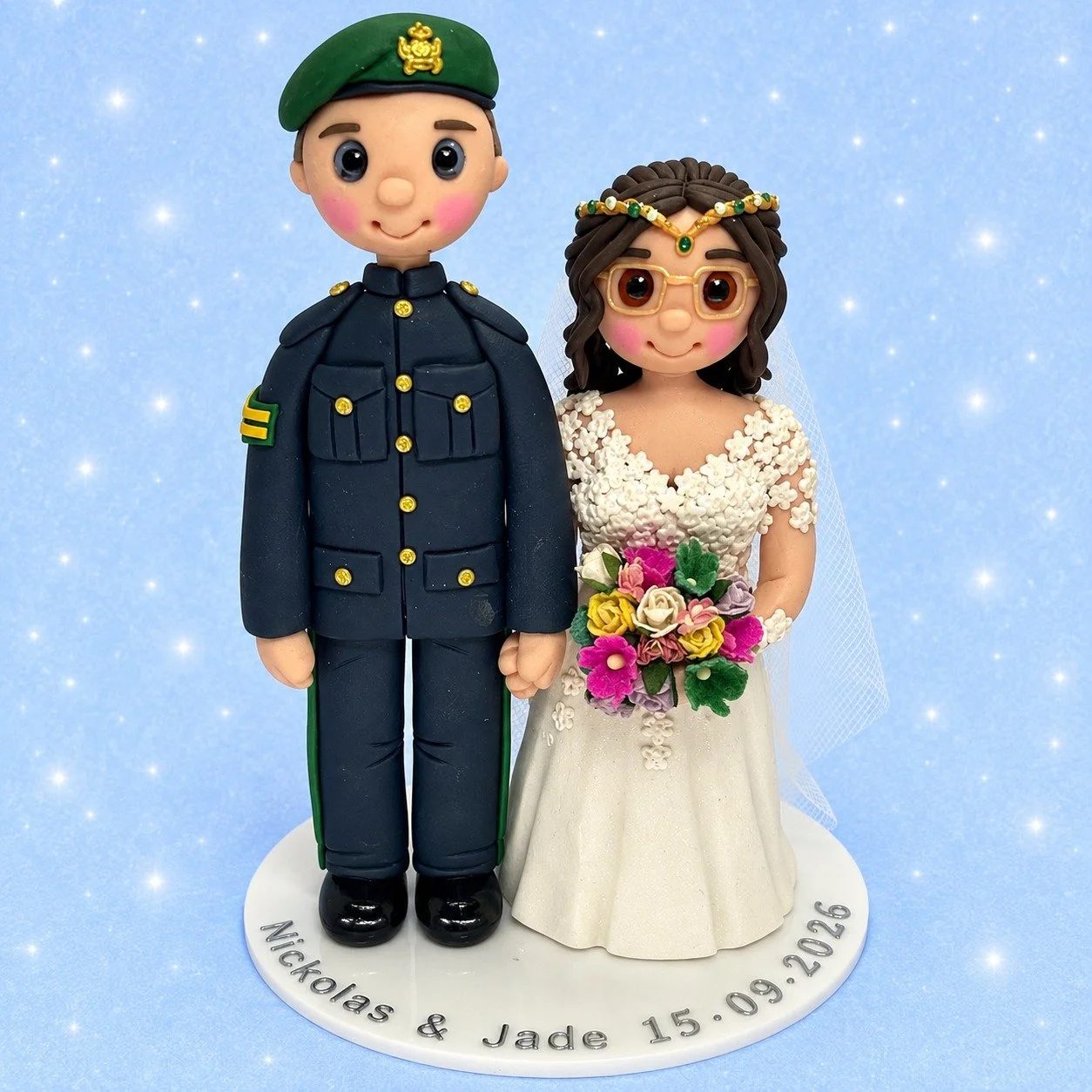 Bespoke wedding cake topper for Jade and Nickolas.
Congratulations on your marriage!
#WeddingCakeTopper  #uniform #military #engagement
