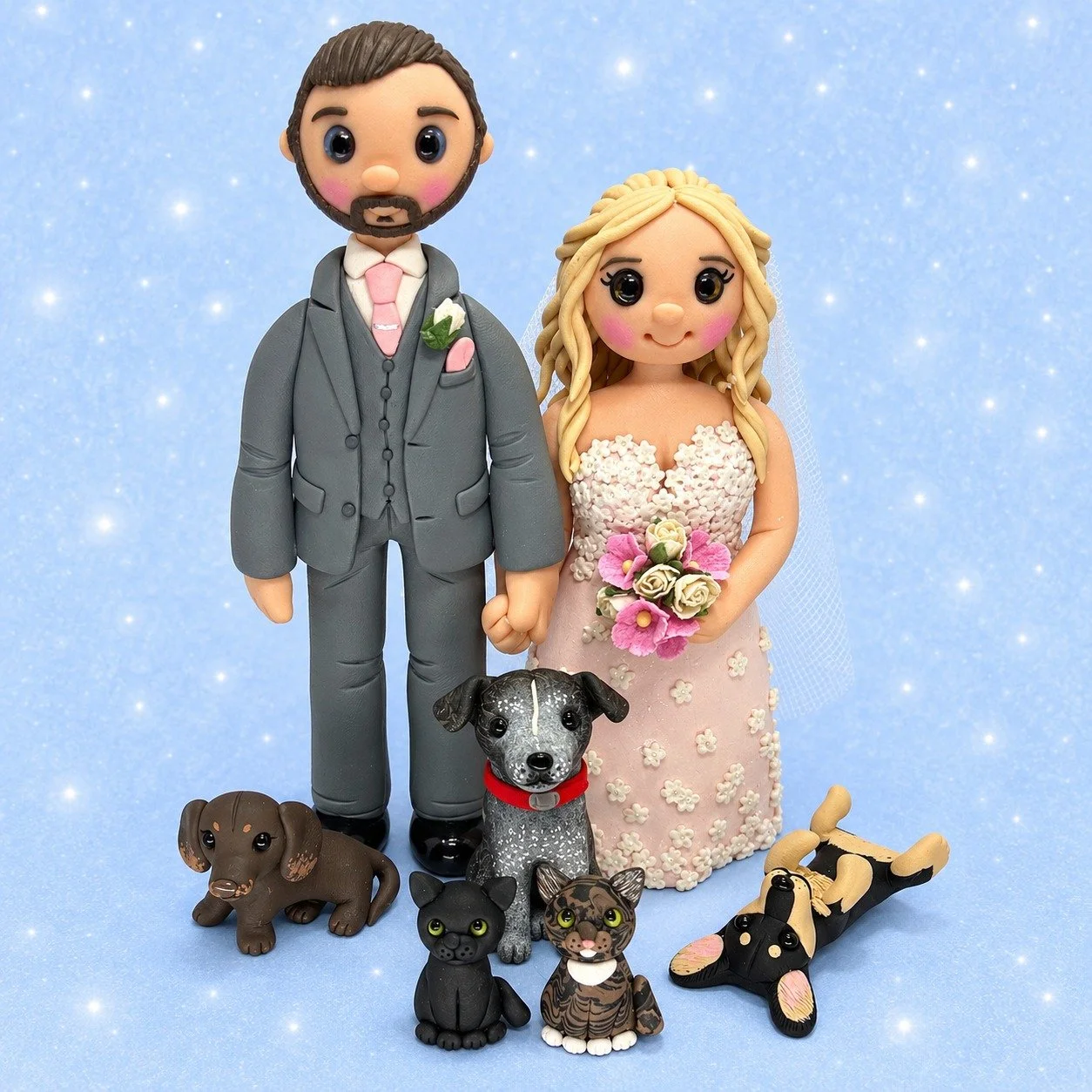 Big congratulations to Lucy and Aaron on their wedding yesterday, hope you both had an amazing day!
This is the personalised wedding cake topper they commissioned me to make for them, all their fur babies included 🐾🥰
#WeddingCakeTopper #engagement 