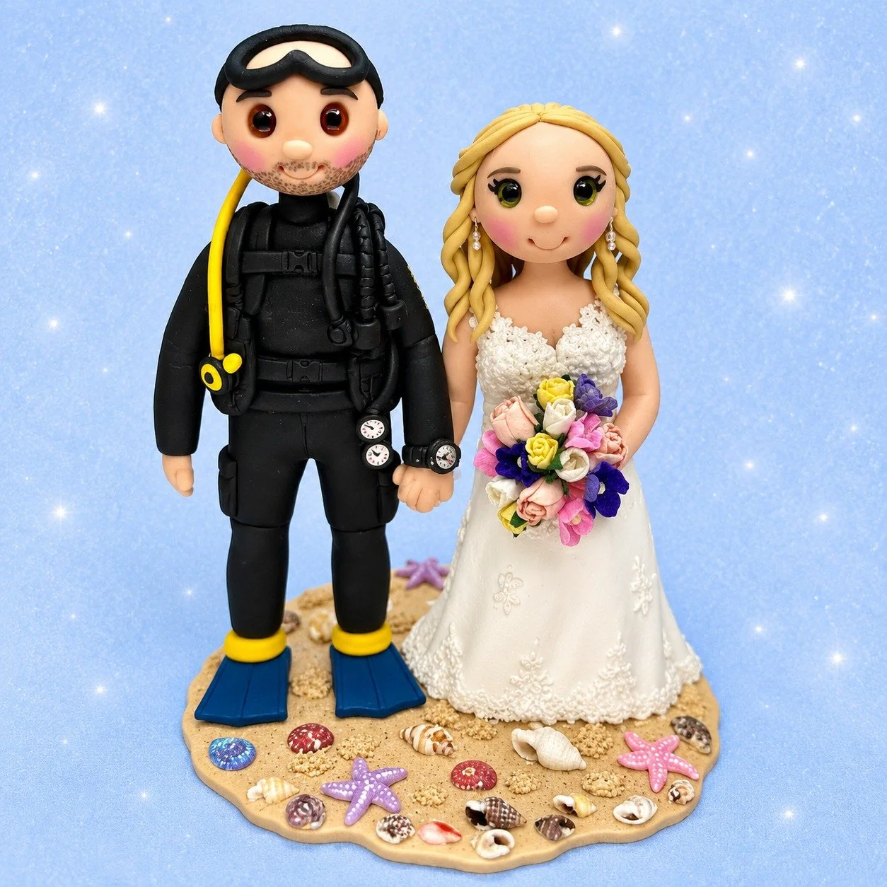 Scuba diving beach wedding cake topper!
This couple chose to have the groom dressed in his scuba diving gear rather than his wedding suit.
I can make your personalised wedding cake topper however you choose.
#bridetobe  #weddingcaketopper #brideandgr