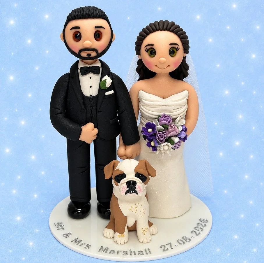 Custom wedding cake topper for Mr &amp; Mrs Marshall, and their lovely bulldog 🐾🥰
#WeddingCakeToppers #brideandgroom #bulldog