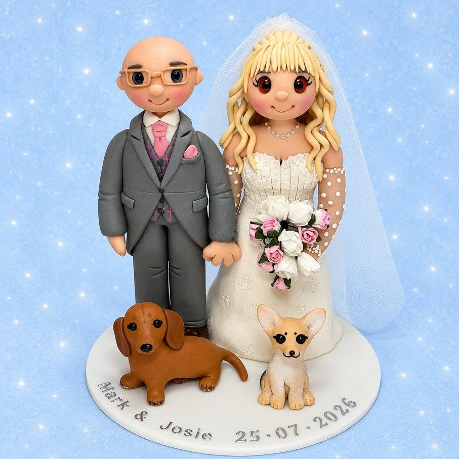 Custom Wedding Cake Toppers
Handmade wedding cake toppers, designed to reflect your outfits, hairstyles and details. Personalise with pets, professions or hobbies to capture your love story and personality.
Lifelong keepsakes, Made with love ❤️
#Wedd