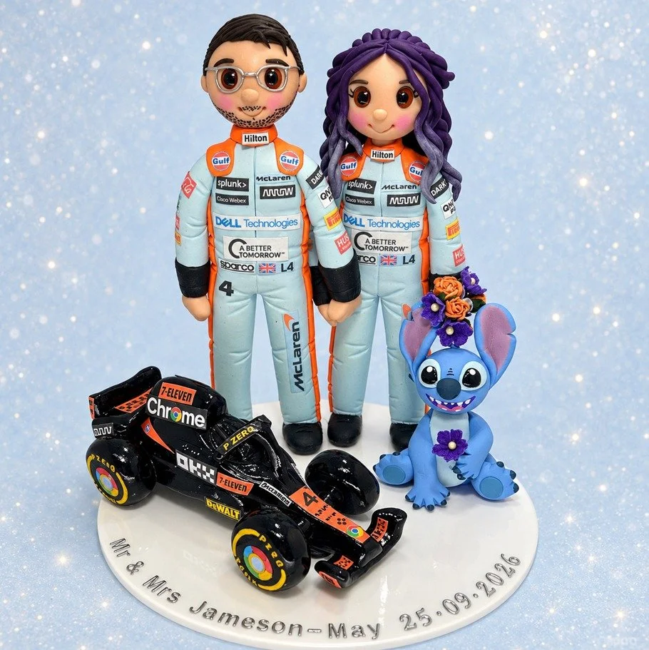 This one was a challenge because so much detail, but i love how it turned out 💖 
Congratulations to Mr &amp; Mrs Jameson.
#WeddingCakeTopper #Formula1  #stitch