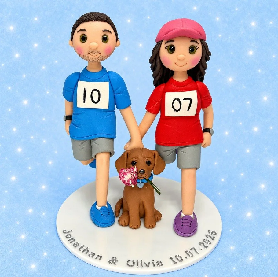 Here is a wedding cake topper i make for Jonathan and Olivia who enjoy running and wanted this incorporated in their Topper along with their dog 🏃&zwj;♀️🏃&zwj;♂️🐾 
#WeddingCakeTopper #running #runningcommunity #WeddingPlanning