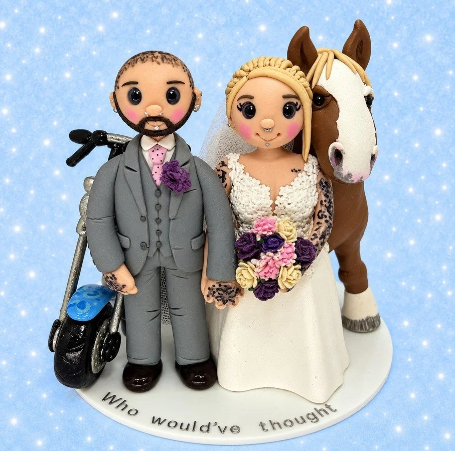 Personalised hand made Wedding Cake Toppers!
Handmade wedding cake toppers, designed to reflect your outfits, hairstyles and details. Personalise with pets, professions or hobbies to capture your love story and personality.
Lifelong keepsakes, Made w