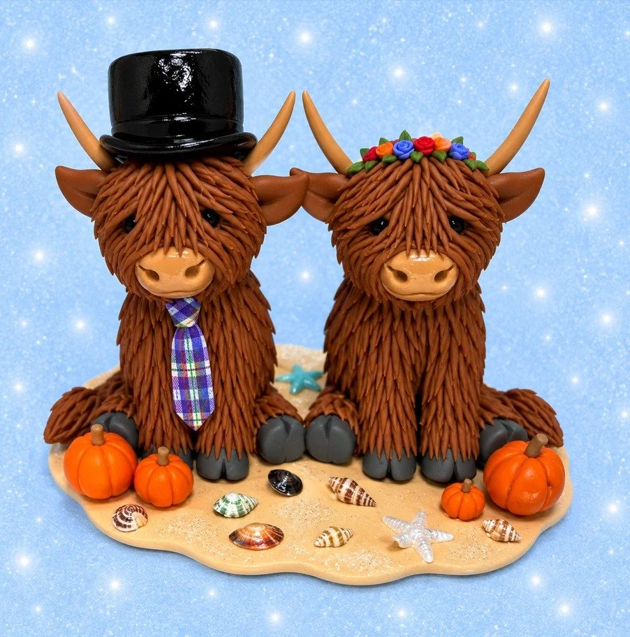 Highland cow bride and groom wedding cake topper for a couple that are getting married on a Scottish beach with an Autumnal touch 🐂🎃 🏴󠁧󠁢󠁳󠁣󠁴󠁿
#weddingcaketopper #HighlandCow #scottishweddings #autumn