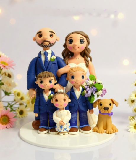 Custom Family Wedding Cake Topper with Bride, Groom, Three Children & Dog