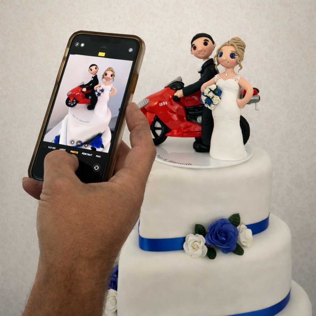 Custom cake topper featuring bride , groom and motorcycle