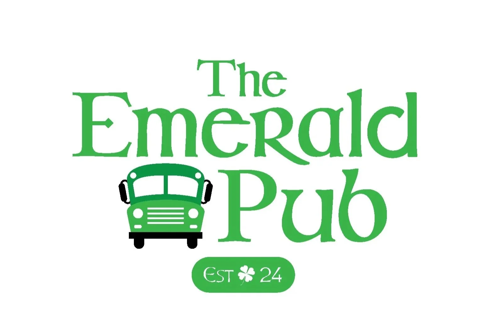 Logo for The Emerald Pub with green text, a green and black bus icon, and a small green oval containing 'Est 24' with a four-leaf clover.