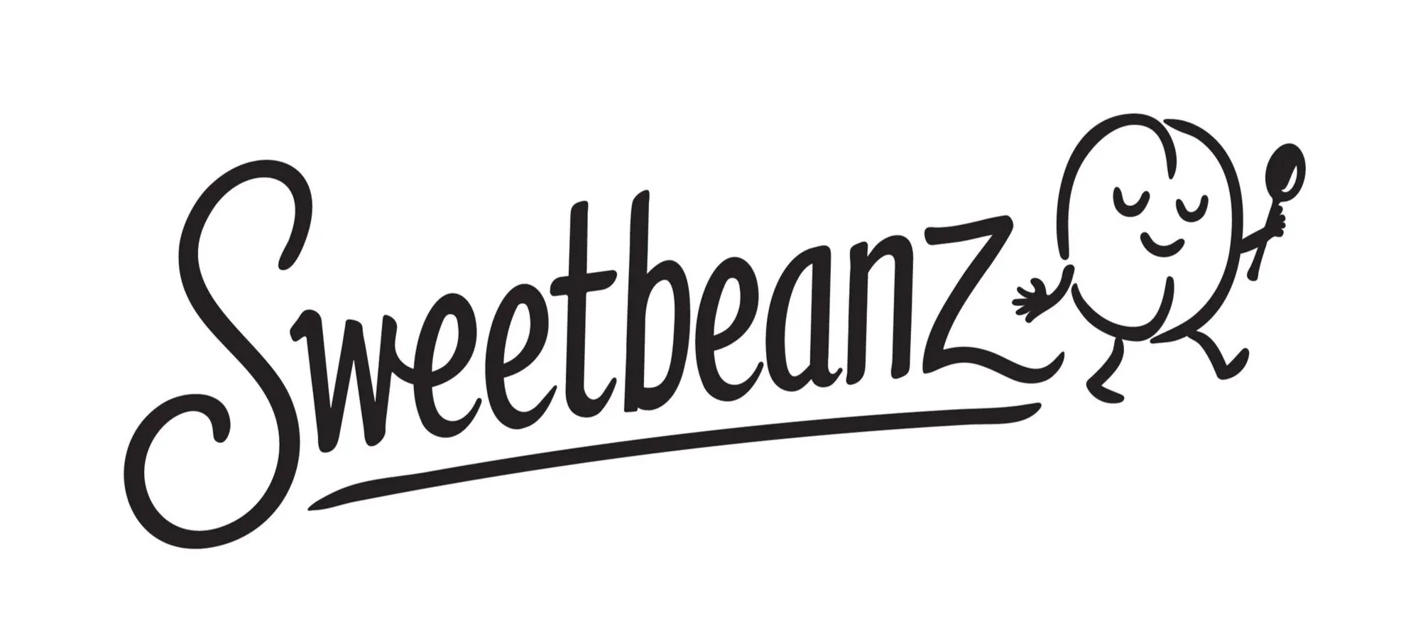 Logo with the word 'Sweetbeanz' in a playful script font, featuring a smiling cartoon egg character holding a spoon.