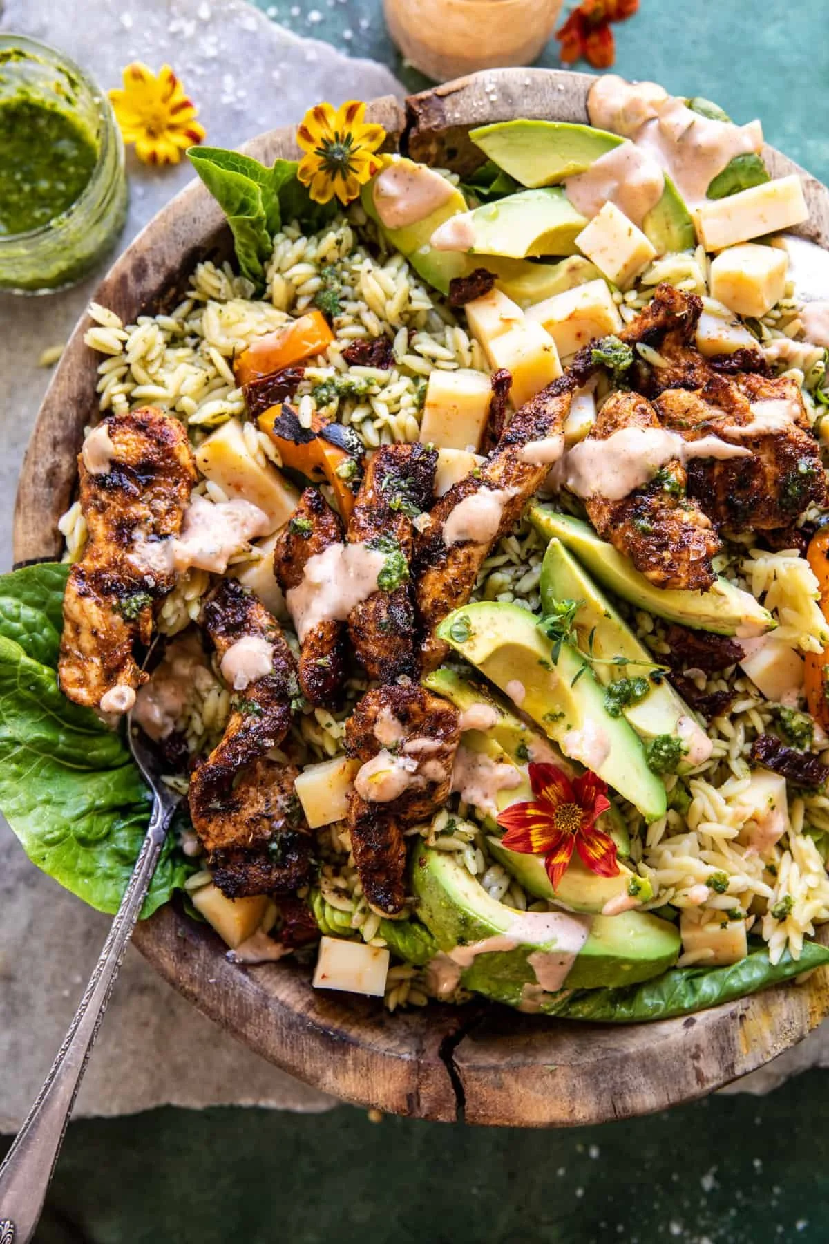 Pesto Chicken, Avocado-Orzo Salad