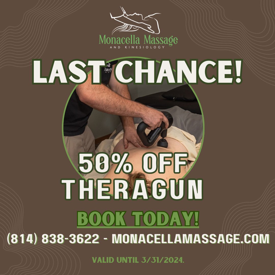 Time is running out to try the Theragun HALF OFF!⏰💆💆

All of March, our Theragun add-on is 50% off -- meaning you can try this deep tissue treatment for under $10 today! Visit our website to book at MonacellaMassage.com, or call (814) 838-3622.

 #