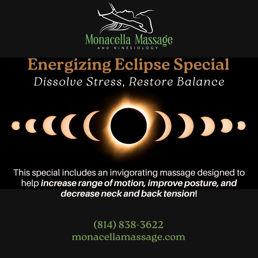 ☀️Energizing Eclipse Special🌕
Attention Erie residents! With the total solar eclipse just around the corner, it's time to prepare your body for this unforgettable celestial event.
Did you know that a therapeutic massage can help you:
🌙Increase neck