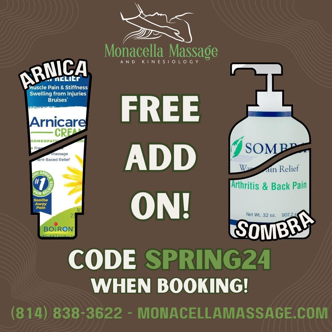 Suffering from an injury? Need help for long-lasting pain?🤕

This month (04/2024), mention code SPRING24 to have Arnicare Cream or Sombra Warming Gel added to your session for FREE! Book today at monacellamassage.com, or call at (814) 838-3622😊

 #