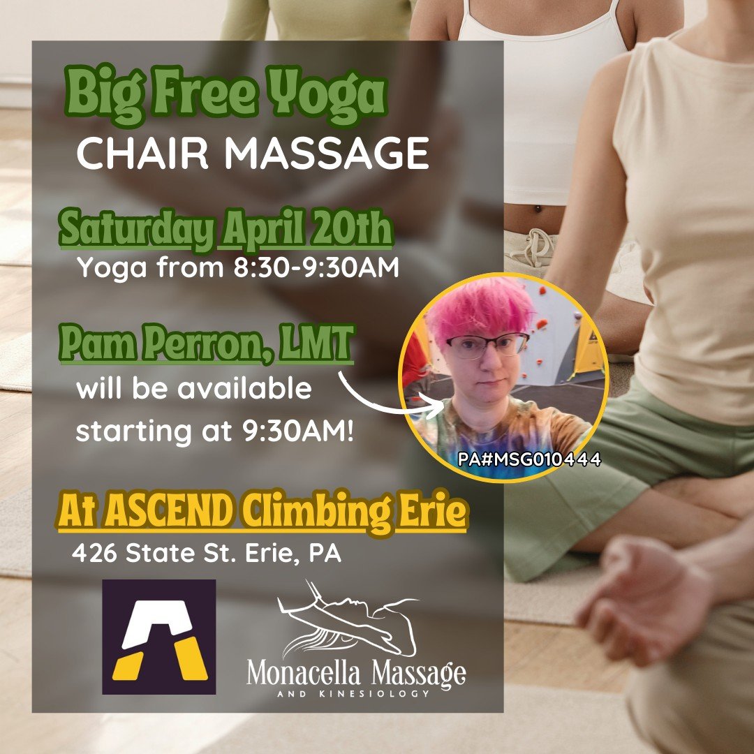 Climbing and Chair Massage☀💆

TOMORROW! Our LMT Pam Perron will be back at ASCEND Erie for their Big FREE Yoga event after 9:30AM! Come spend a Saturday relaxing at one of our newer downtown neighbors🧘&zwj;♀️🧘

#ascendclimbing #selfcare #relaxwith